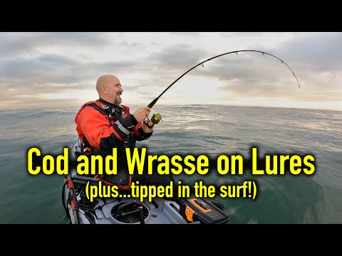 Lure Fishing for Cod and Wrasse - Tipped in the Surf! - Kayak Sea Fishing UK - Northumberland