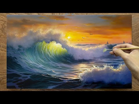 How to draw ocean waves / Sunset landscape on the sea / Acrylic painting / A Lu Art.