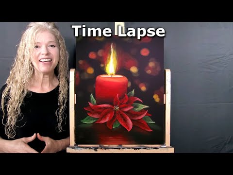 Learn How to Paint with Acrylics "CANDLE LIT POINSETTIA" - Easy Beginner Art Tutorial - Time Lapse
