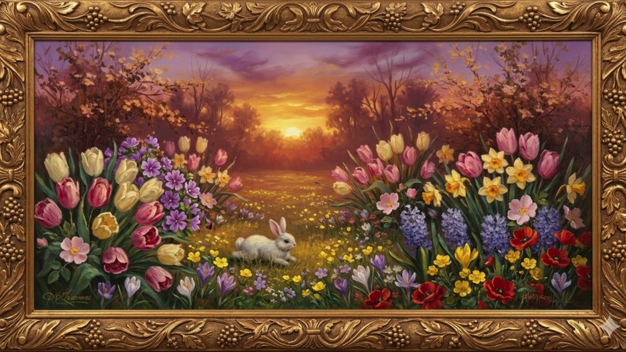 Spring Bunny & Blooming Tulips | Samsung Frame TV Art | 4K Easter Garden Oil Painting