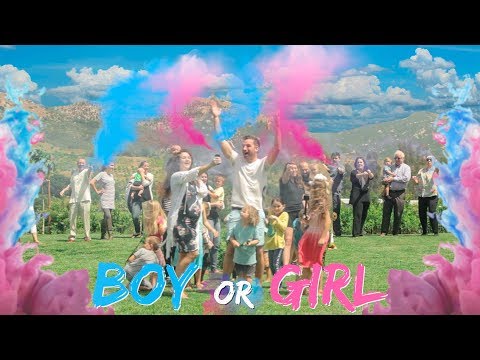 Outdoor gender reveal celebration with a crowd cheering as blue and pink powder bursts, and the bold 'BOY OR GIRL' text at the bottom.