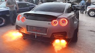Widebody Nissan GT-R Launch Control FLAMES sets off Car Alarm!
