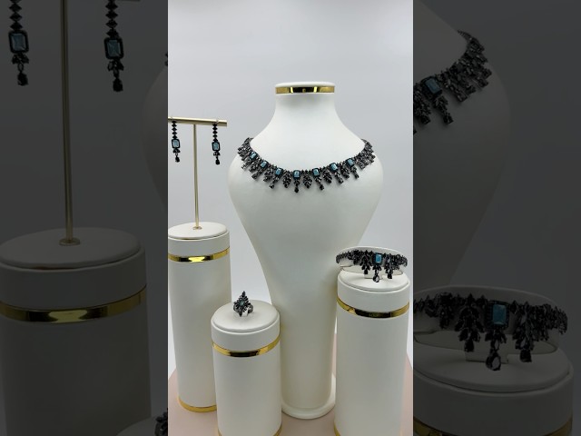 طقم زيركون أسود مكس بحري أنيق بإصدار خاص دقة الماس 5 قطع بضمان على اللون