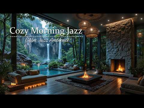 Cozy Morning Jazz with Nature Panorama | Tranquil Jazz in a Glass House Overlooking Waterfalls