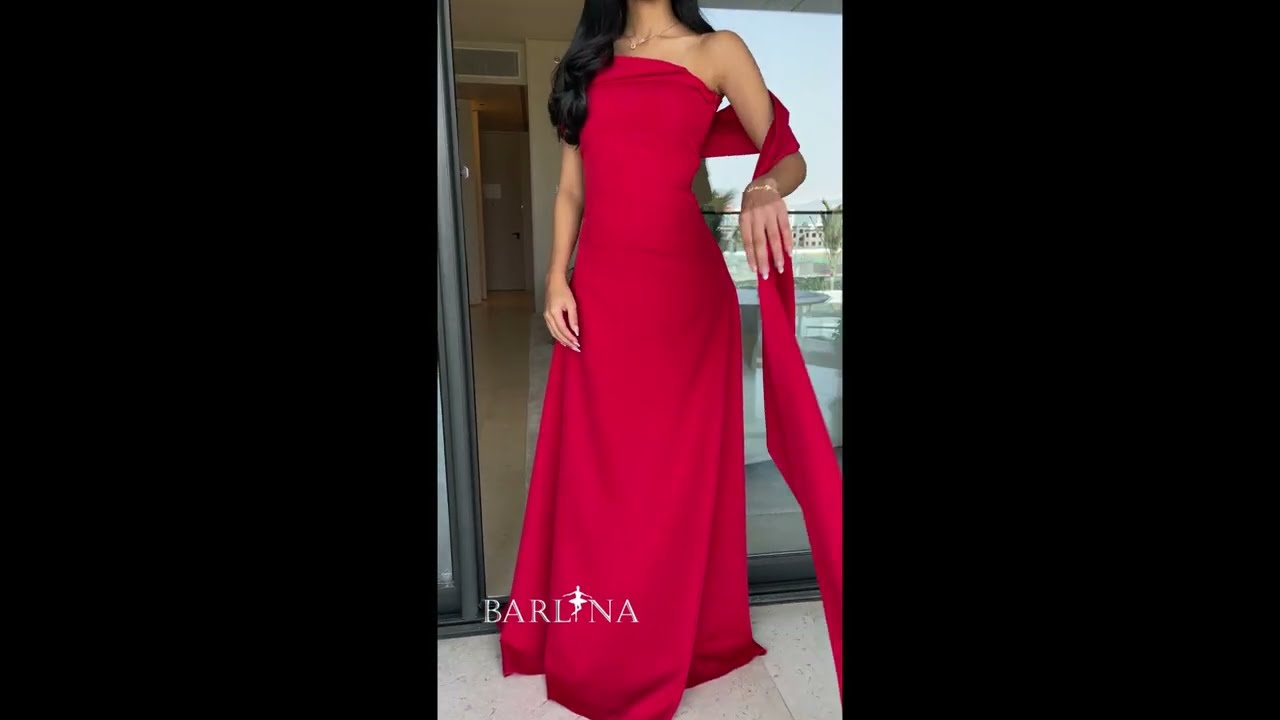 فستان أحمر أنيق بكتف واحد وشال جانبي - XXL