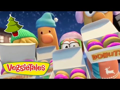 VeggieTales characters wearing winter hats peek over boxes of colorful donuts.