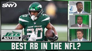 Bart Scott, Willie Colon, and Connor Rogers on Breece Hall's ceiling this season | SNY