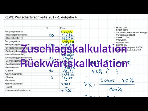 REWE Wirtschaftsfachwirte 2017-1 Frühjahr Aufgabe 6 - Zuschlagskalkulation, Rückwärtskalkulation
