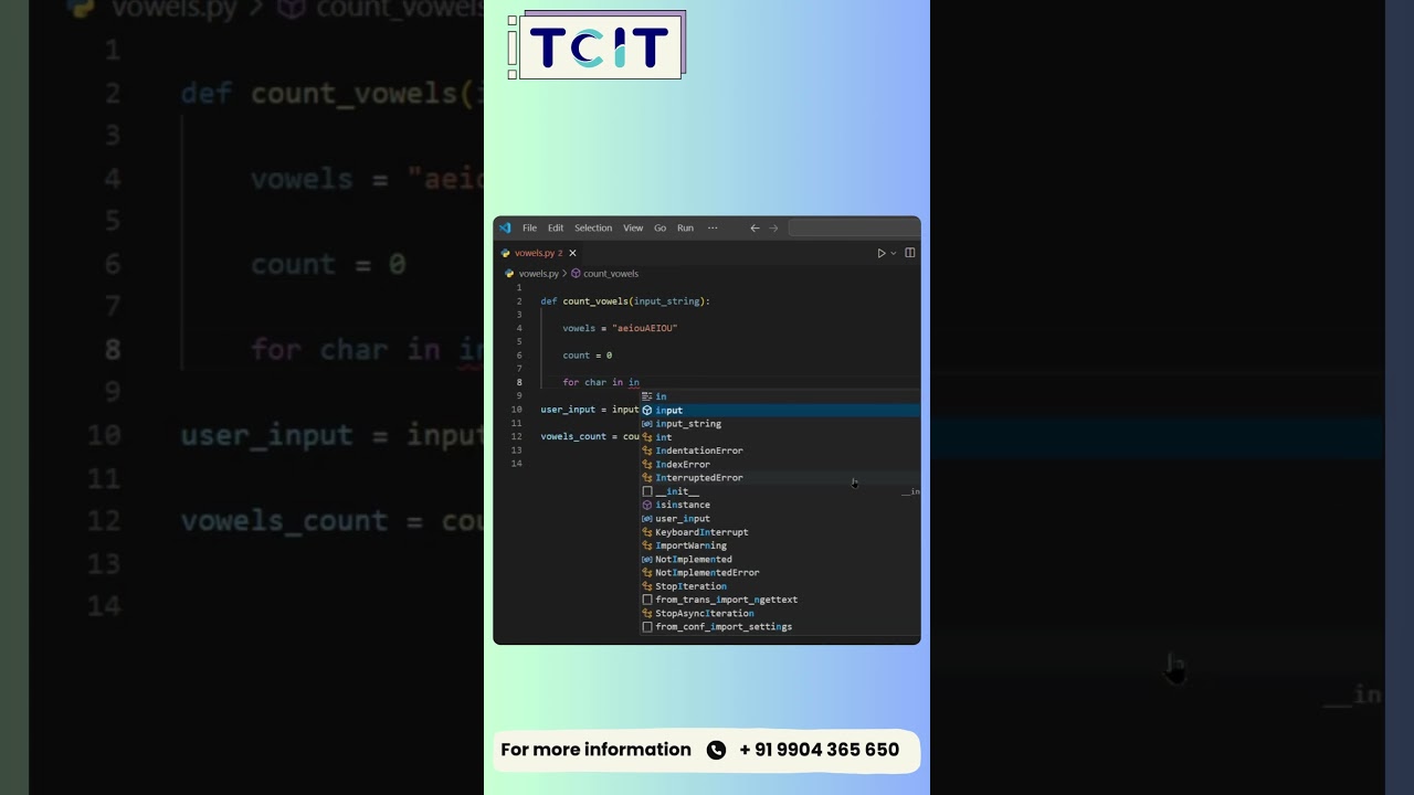 Count vowels in String using python #coding #tcit #talentcomputer #programming #python  #codingjr