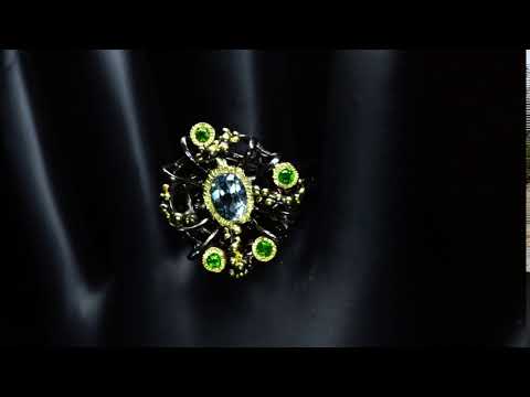 Серебряное кольцо с натуральным Топазом и Хромдиопсидами 18.5р видео