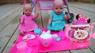 Baby Born dolls feeding with Minnie Mouse tea play set DIY lemonade and stroller walk