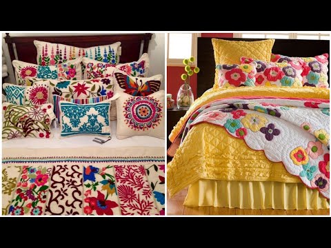Hand embroidered & embellished bedspread & pillow cover desi...