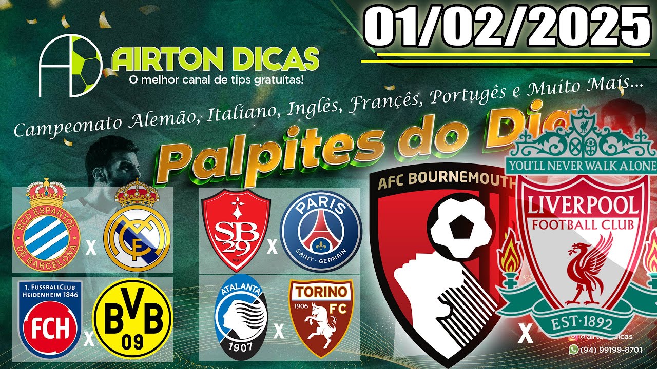 🏆⚽Palpites Futebol Hoje  SÁBADO DIA 01 DE FEVEREIRO DE 2025  + Tripla + Dupla Grátis @AIRTON DICAS🏆⚽
