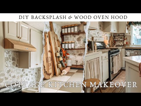 ✨ COTTAGE KITCHEN MAKEOVER UNDER $335 ✨ // DIY STONE BACKSPLASH & OVEN HOOD // MAKEOVER ON A BUDGET 
