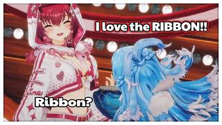 Kobo admiring "THE RIBBON" on Marine's new swimsuit !!!