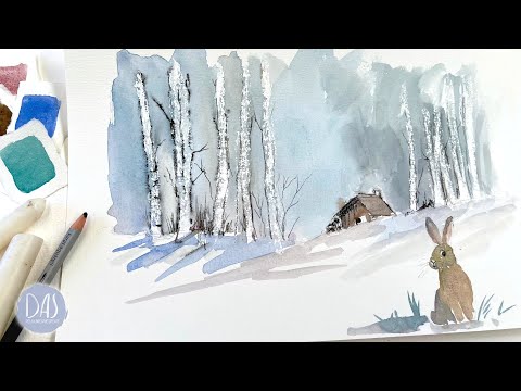How to Paint a Snowy Winter’s Day Watercolor Landscape with Birch Trees and Bunny using Wax Resist