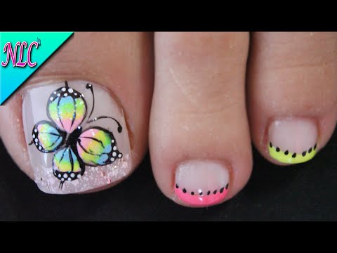 DISEÑO DE UÑAS PARA PIES MARIPOSA Y FRANCÉS DE COLORES – BUTTERFLY NAIL ART – FRENCH NAIL ART – NLC