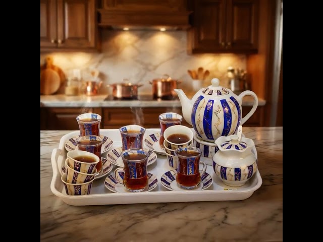 طقم بيالات شاي زجاج وفناجين قهوة سيراميك مع صحون ن...