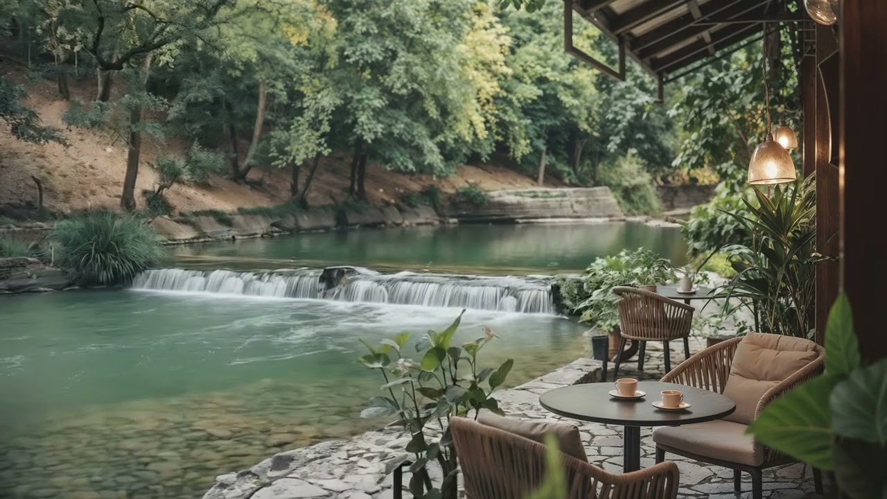 Serene Coffee Shop by the Stream - Calm Piano and Nature’s Melody for Focus