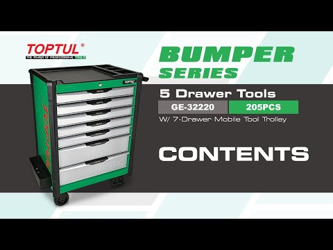 TOPTUL Bumper Series W/7 Drawer Mobile Tool Trolley 205PCS Mechanical Tool Set (GE-32220)