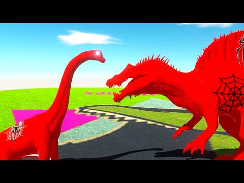 SPIDERMAN BRACHIOSAURUS vs SPIDERMAN SPINOSAURUS DEATH FALL - Animal Revolt Battle Simulator