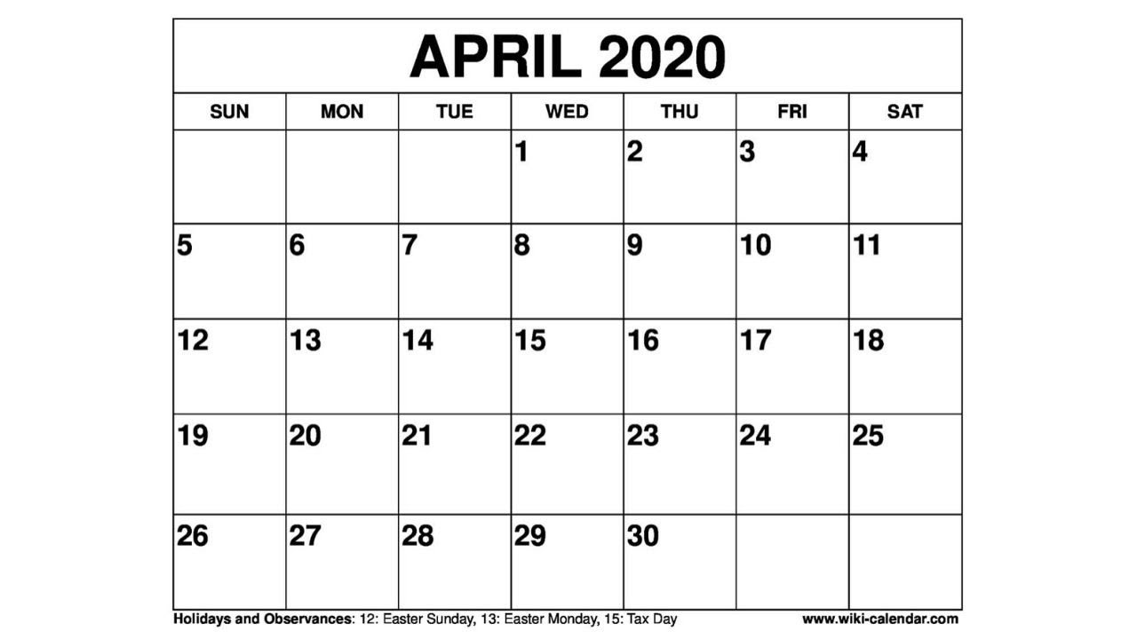 Free Printable April 2020 Calendar - Wiki-Calendar.Com