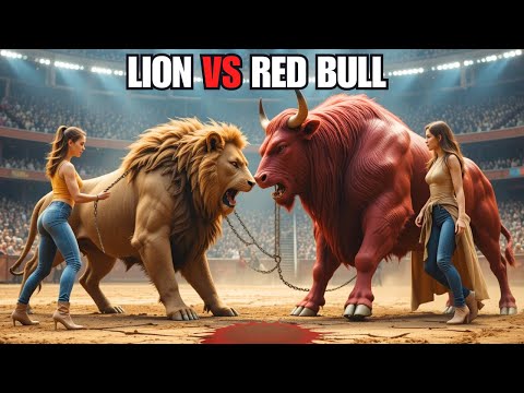 Massive Muscular Lion vs. Red Bull Training | Powerful Arena Performance with Muscular Trainers