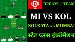 DREAM11 TEAM MI VS KOL||KOLKATA VS MUMBAI INDIANS DREAM11 TEAM SATE INFORMATION