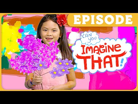 Young girl smiling while holding a bouquet of pink and purple flowers in a bright, colorful setting with 'Imagine That!' text on the right (episode thumbnail).