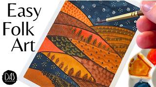 Easy Folk Art Autumn Landscape: Patchwork Hills in Watercolor &amp; Ink