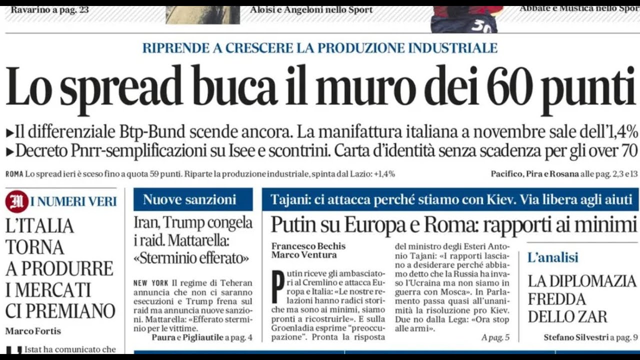 RASSEGNA STAMPA 16 GENNAIO 2026. QUOTIDIANI NAZIONALI ITALIANI  PRIME PAGINE DEI GIORNALI DI OGGI
