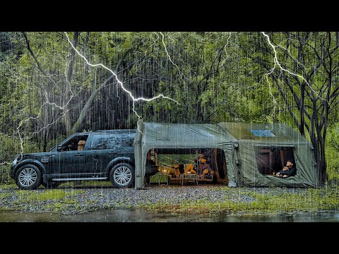 Camping in Heavy Rain with My Dog . 3-Room Inflatable Tent . Sound of Rain ASMR
