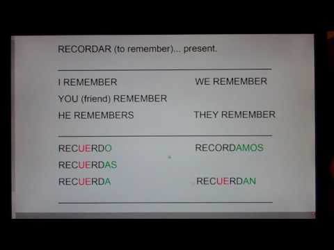 RECORDAR (to Remember) present forms:  recuerdo, recuerdas, recuerda, recordamos, recuerdan...