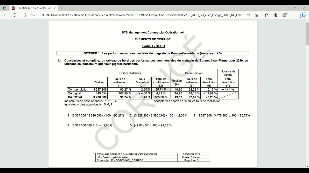 BTS MCO GO 2022 Corrige SUJET NC Celio DOSSIER 1