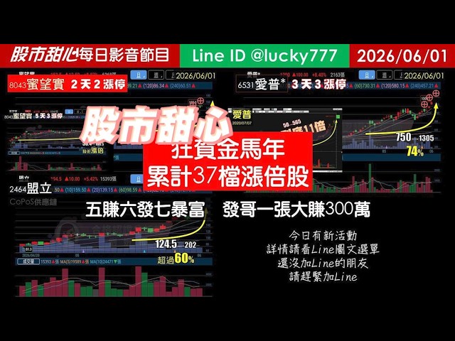0601【甜心盤後節目】【５日設訊讓你親眼見證會員賺不停的喜悅】賀金馬年累計37檔長輩股！五賺六發七暴富發哥一張大賺300萬！