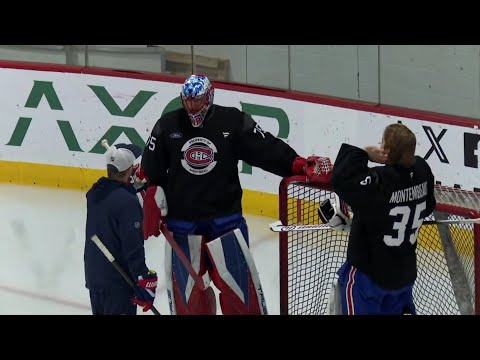 Marco Marciano donne ses premières instructions à Jakub Dobes et à Samuel Montembeault