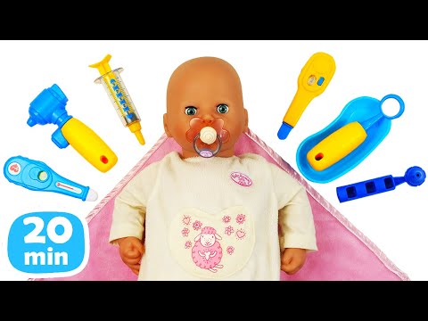 Baby Annabell doll is ill! The nanny checks baby Annabell doll's temperature & listens to her lungs.
