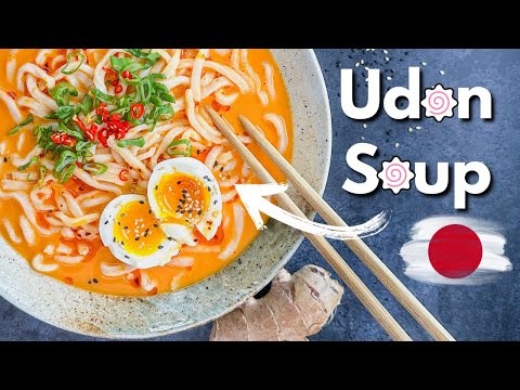 Spicy creamy Udon Soup recipe with Peanut Butter, Siracha Mayo, Gochujang, Ginger, Garlic and Chili