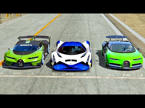 Devel Sixteen vs Bugatti Chiron with NOS vs Bugatti Vision GT With Nos - Drag Race