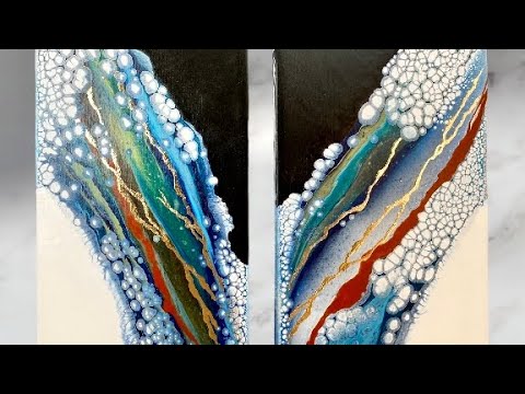 (119)“Kintsugi” style Pearl Pour Diptych Fluid Art Black & White base/Acrylic abstract /Gold Leaf