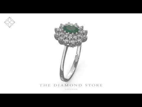 FET34-GY - Emerald 6 x 4mm And Diamond 18K White Gold Ring
