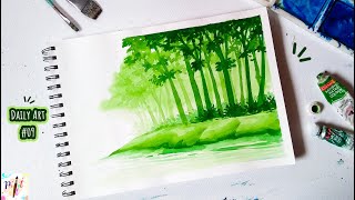Easy Watercolor Monochrome Painting - Green Forest Landscape Painting Technique / Paint It