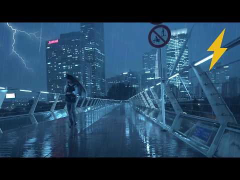 [4K] Heavy rain, thunderstorm, and strong wind sounds in the city's forest of buildings.