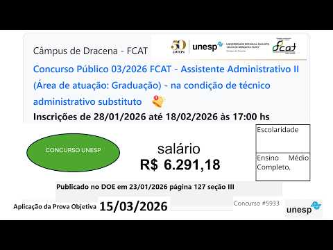📢CONCURSO UNESP DRACENA 2026 - ✅ASSISTENTE ADMINISTRATIVO SUBSTITUTO (PROVA EM 15 DE MARÇO DE 2026)👍