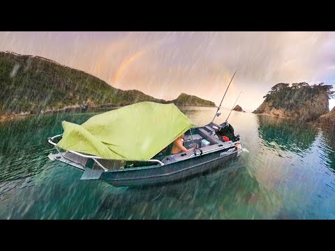 24hr Solo Boat Camping in Rain - Fishing for Food