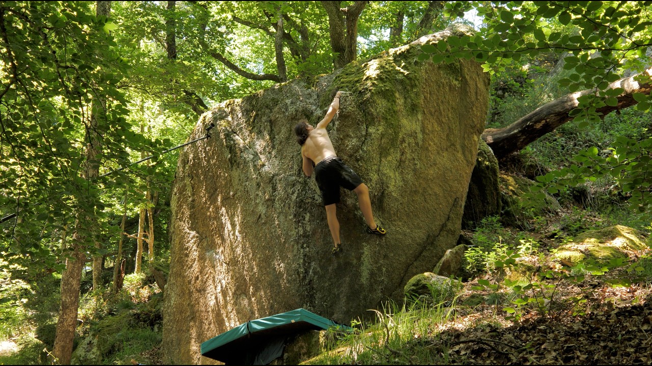 Grimpeur sur un bloc en forêt