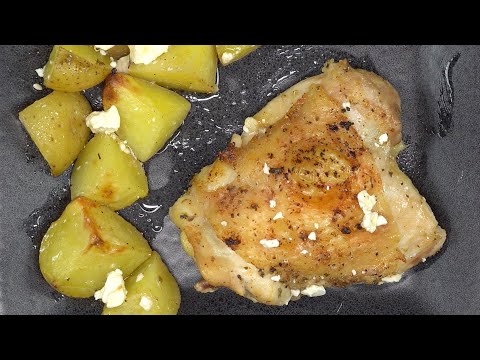 Easy Sheet Pan Chicken Thighs with Potatoes & Feta Cheese #recipe #cooking #sheetpan #chicken