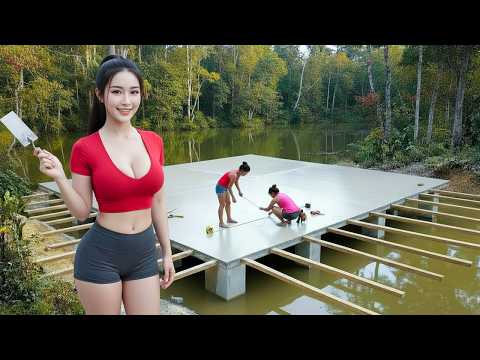 TIMELAPSE: Talented Woman Builds a Modern Lake House with Bridge from Scratch