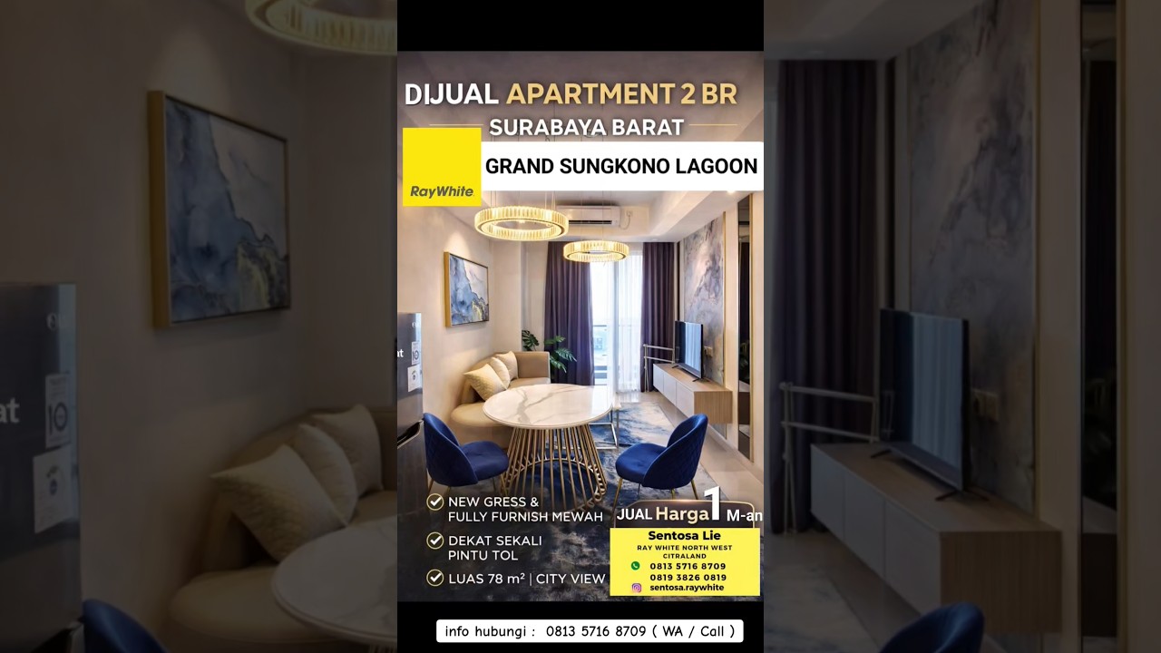 For Sale: Grand Sungkono Lagoon Apartment, 2 Bedroom, Fully Furnished, Tower Caspian, 29th Floor, City View - Near Toll Access, Satelit, HR Muhammad, Ciputra World Mall, Mayjen Sungkono.