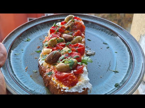 Cherry Tomato and Olives Toast With Ricotta Cheese ( bruschetta Toast )